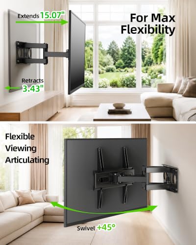 USX MOUNT TV Wall Mount for 32-74 inch Flat Screen/LED/4K up to 110lbs, Full Motion TV Mount Bracket with Swivel & Tilt Articulating Dual Arms, Max VESA 400x400mm, Fits 12/16" Wood Studs - size: 32-74inch