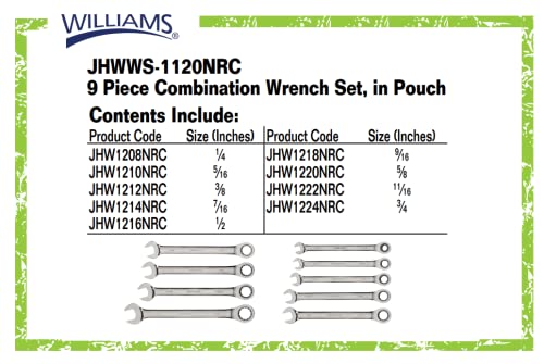 Williams WS-1120NRC Combo Ratcheting Wrench Set, 1/4 - 3/4-Inch, 9-Piece - size: 1/4 - 3/4 Inch (9 Pieces)