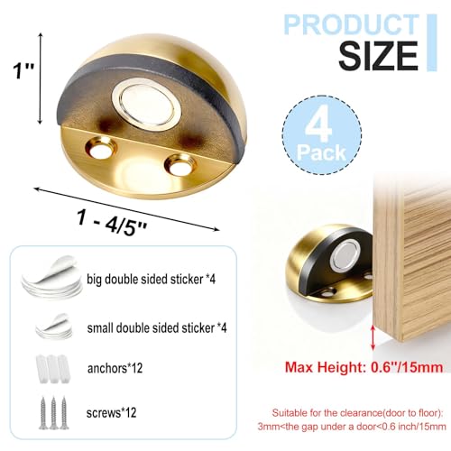 4 Pack Magnetic Door Stopper, Stainless Steel Floor Door Stopper Stoppers for Bottom of Door, Self Adhesive No Drill with Screws, Door Holder to Keep Door Open