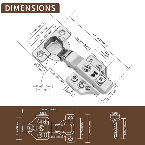 4 Pack Full Overlay Soft Close Cabinet Hinges 105° Frameless 3 Way Adjustable Kitchen Cabinet Door Hinges with Screws - size: 4 Pack
