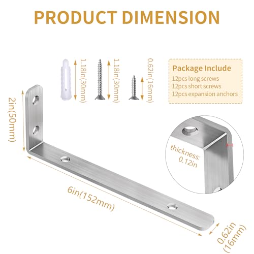 LSK 6PCS L Bracket, L 6"×H 2" Shelf Support Bracket, Max Load :42lb, Silver - color: Silver, size: 6x2 inch (light duty)