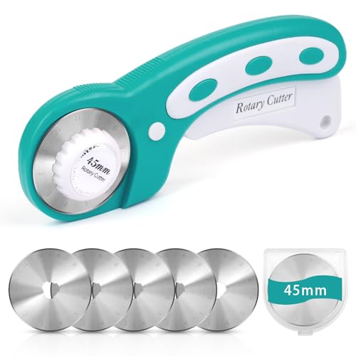 45mm Rotary Cutter for Fabric with 5 Extra Blades, Roller, with Safety Lock - color: Teal