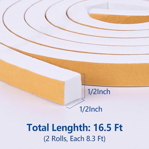 Kikerike Self Adhesive Foam Tape Weatherstrip 1/2in x 1/2in x 16.5Ft High Density Foam Insulation Strips Seal Weather Stripping with Strong Adhesive for Door and Window Sound Isolation Soundproofing - size: 1/2in x 1/2in x 16.5Ft