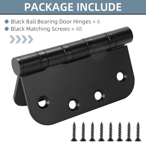 6 Pack Stainless Steel Black Door Hinges for Exterior & Interior Doors, 4.0 x 4.0 Inch Heavy-Duty Ball Bearing Door Hinges with 5/8" Radius Corners - color: Black