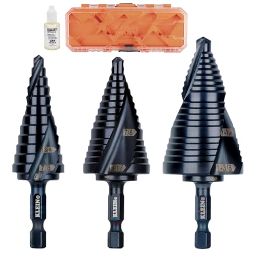Klein Tools QRSTSPRO Premium 3-Piece Electrician's Step Bit Set with Cutting Oil, Modular Case, Impact Rated Quick Release, Double Spiral Flutes - size: 3-Piece Set (Large), style: Quick Release