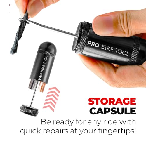 PRO Bike Tool Tubeless Bike Tyre Repair Kit – for MTB and Road Bicycle Tyres – Fix a Puncture or Flat, Fast – Tackle Set Includes Storage Canister, Plugger Tool and Plugs - color: Black