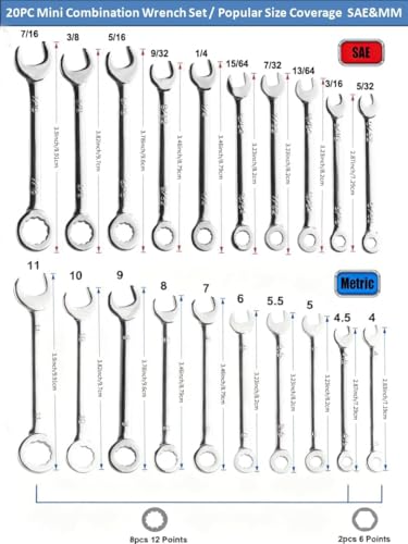 20-Piece Small Wrench Set, SAE & Metric, 5/32"-7/16" & 4mm-11mm - size: SAE/Metric