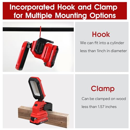 CRAFTSMAN V20 6500K LED Rechargeable Work Light, 2000LM &1000LM 2 Brightness Settings, Hook and Clamp for Multiple Mounting Options, Cordless, Battery Not Included