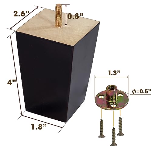 BARIEN (5 Sizes: 3"-4"-5"-6"-8") 4 inch Wood Furniture Legs - Square Sofa Legs, Couch Leg - Brown Mid-Century Modern Replacement Legs for Armchair Recliner Coffee Table Dresser (4" - Set 4) - size: 4"