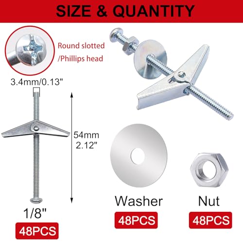 192Pcs 1/8 Inch Toggle Bolts, Heavy Duty Drywall Anchors and Screws Kit, Butterfly Anchors Toggle Bolts and Wing Nut Kit with Nuts Washers for Hollow Wall, Ceiling (48 Sets) - color: Silver - 1/8"