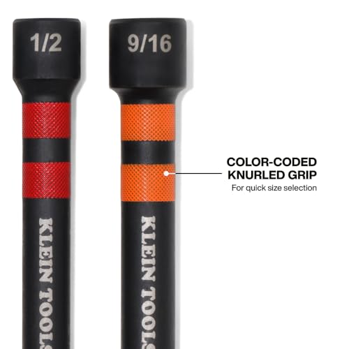 Klein Tools 32940 SAE Magnetic Hollow Impact Nut Drivers Set, 6-Piece Color Coded Hollow Power Nut Driver with Extended Reach, 6 SAE Sizes - size: 5-Inch/6-Piece Set