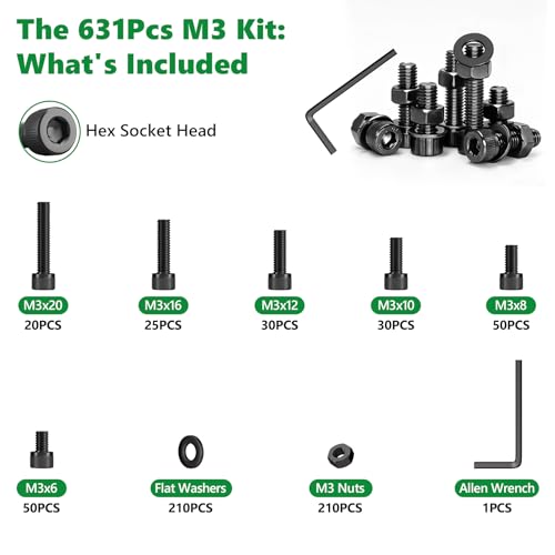 631PCS M3 Hex Socket Head Cap Screws, 12.9 Alloy Steel Bolts Kit - size: M3 631pcs 3