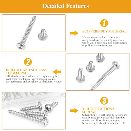105 Pieces #10 x 1/2" 3/4" 1" 1-1/4" 1-1/2" Wood Screws Set, Phillips Pan Head #10 Self-Tapping Screws Assortment Kit, 304 Stainless Steel - size: #10, style: Phillips Pan Head