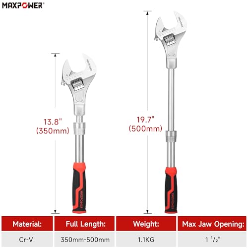 MAXPOWER Extendable Adjustable Wrench, Retractable Extension Shank 13.8" to 19.7", Soft Grip Handle