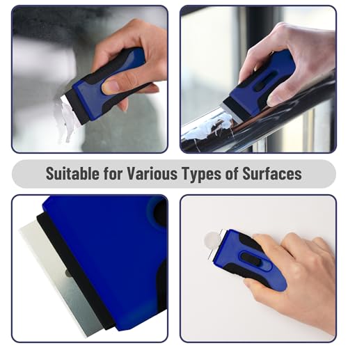 Bates- Razor Blade Scraper Tool, 2 Pack, 30 Extra Stainless Steel Blades, Anti-Slip Ergonomic Handle Design, Razor Scraper Set for Cleaning Window, Paint, Oven, Glass, Stove - color: Black & Blue