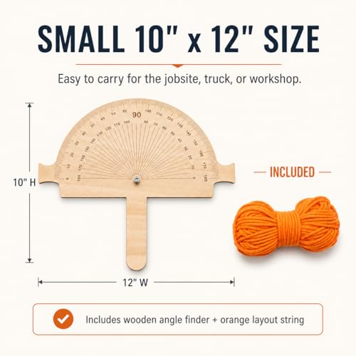 Wooden Angle Finder Tool with Orange String Line, 12" x 10" Birch Plywood Angle Ruler Protractor, 5mm Degree Finder for Construction Layout, Fencing, Foundation Marking, Welding, Pipelining & DIY