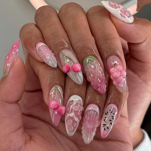 Spring & Summer 3D Fruit Colour Press On Nails Medium Almond, 3D Cherry Strawberry Sweet Orange Designer Reusable Acrylic Fake Nails, Salon Quality False Nails. Daily Wear Nails For Women - color: LF-3536, size: 24 Pieces (Pack of 1)