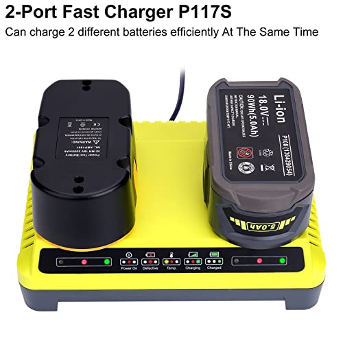 2 Ports P117 Fast Charger for Ryobi 18V Battery ONE+ Max Lithium P100 P102 P103 P105 P107 P108 P117 P118 12V-18V Li-Ion NiCd NiMh Battery - size: P117 Dual-Port
