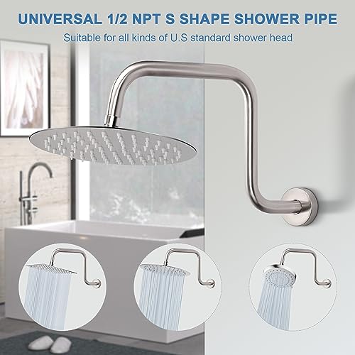 S Shaped Shower Arm, High Rise Shower Head Extension Pipe Standard 1/2" Connection with Flange, Awesome Shower Experience-Stainless Steel Bathroom Accessory(13 Inch Z-S Shape, Brushed Nickel) - color: Brushed Nickel, style: 13" Z Shape