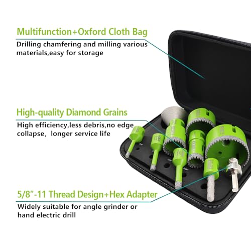 Diamond Core Drill Bits Set - 10pcs Tile Hole Saw Kit 6/8/10/25/35/50/65mm with 2" Diamond Beveling Chamfer Bits for Porcelain Ceramic Tile Granite Marble