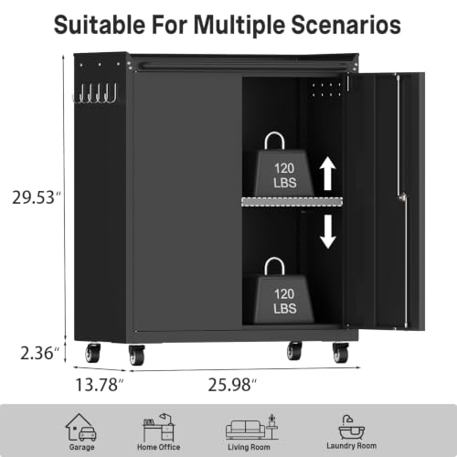 Metal Garage Storage Cabinet with Wheels, Lockable Rolling Tool Cabinet - color: Black, size: 26" W × 14" D × 31.88" H