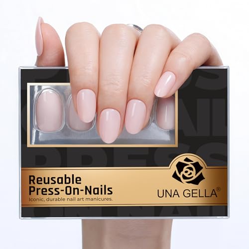 UNA GELLA 32Pcs Soft Gel Press on Nails - 16 Sizes Pastel Baby Pink Round Glue on Nails, Oval Reusable Glossy Natural Pink False Nails, Full Cover Acrylic Nail Kit for Women DIY Home Manicure
