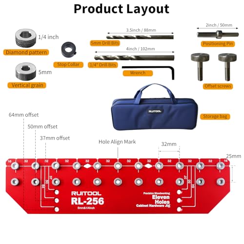 RUITOOL Shelf Pin Jig, 11-Hole Aluminum Shelf Hole Jig with Built-in Clamp - style: 11 Holes
