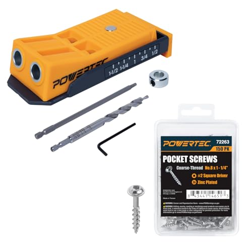 POWERTEC 72496 Twin Pocket Hole Jig Kit for Woodworking - with Drill Bit, Driver Bit, Hex Key, Stop Collar & 150 PK Pocket Hole Screws, Maxi-Loc Head, #2 Square Drive, 1-1/4" Coarse Thread - style: TwinPocket Hole Jig w/ 1-1/4" Screws (150PK)