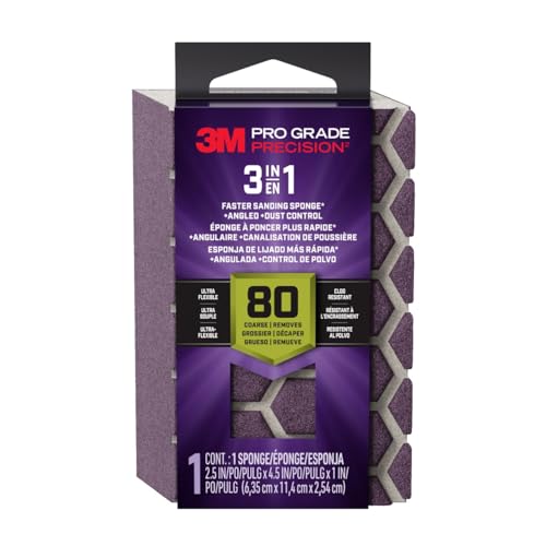 3M Pro Grade Precision 2.5 in. x 4.5 in. x 1 in. 80 Grit Coarse 3-in-1 Sanding Sponge - 1 Each - size: 2.5 in x 4.5 in x 1 in - 1 Sponge, style: 80 Grit Coarse
