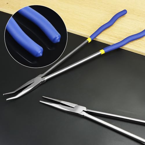 QWORK 16 Inch Long Reach Needle Nose Pliers, 45 Degree Angled Tip, Extra Long Handles, Tight Serrated Jaws for Narrow Spaces, Automotive Mechanic & Machinery Maintenance