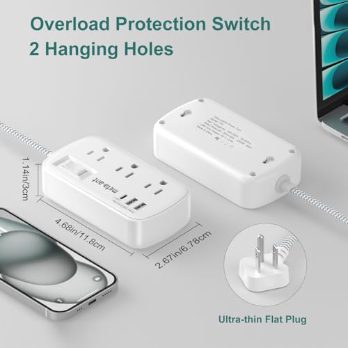 Small Power Strip 5 FT - Flat Plug Outlet Extender, 9-in-1 Surge Protector with 6 AC Outlets 3 USB (USB-C), 5ft Braided Extension Cord, Wall Mountable for Home Office Living Room TV Stand Bedside Desk - size: 5 FT
