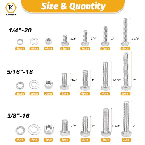 Kadrick 272Pcs 18-8(304) Stainless Steel Hex Bolts Assortment,1/4-20 5/16-18 3/8-16 Heavy Duty Bolts and Nuts Kit, Assorted SAE Bolts Nuts Flat&Lock Washers,Lenth Form 1/2''-2'' - size: 272Pcs SAE HEX Stainless