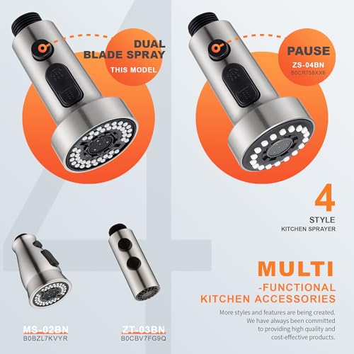 TIORIY Pull Down Spray Head Replacement - for Kitchen Faucet Sprayer Head with 15 Adapters, 3 Function Pull Out Faucet Spray Nozzle, Brushed Nickel - color: Brushed Nickel, style: Blade Spray