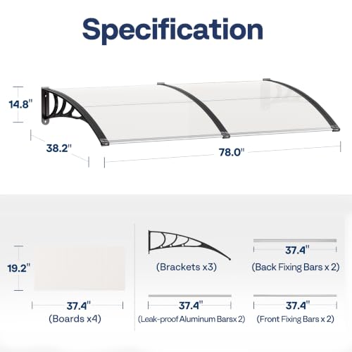 VIVOHOME Polycarbonate Window Door Awning Spliced Canopy Transparent with Black Bracket 38 Inch x 78 Inch - color: Transparent, size: 38 Inch x 78 Inch