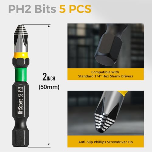 2" Anti-Slip Phillips Impact Bits #2,S2 Steel Screwdriver Bits,360° Laser-Etched Magnetic Driver PH2 Bit, CNC Precision 1/4" Hex Shank – Furniture, Carpentry & Everyday Fastening | 5 Pack - color: Phillips #2, size: 2 inch