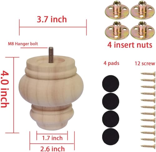 4 Inch Wooden Bun Feet Sofa Replacement Parts Round Furniture Legs Unfinished Sofa Couch Chair Ottoman Replacement Legs Solid Wood Cabinet Legs Set of 4 (4 inch Unfinished) - size: 4 inch Unfinished