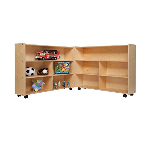 Contender Fully Assembled Folding Mobile Storage Organizer for Daycare Classroom Preschool, Wood Furniture on Rolling Casters with 4 Shelves for Toys, Puzzles, Books (Made in USA) - style: Fully Assembled