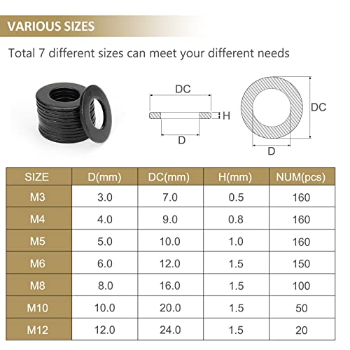 800 Pieces Black Zinc Plated Steel Flat Washers, Fender Washers, Kindroufly 7 Sizes Flat Washers, Lock Metal Washers Assortment Kit (M3 M4 M5 M6 M8 M10 M12)