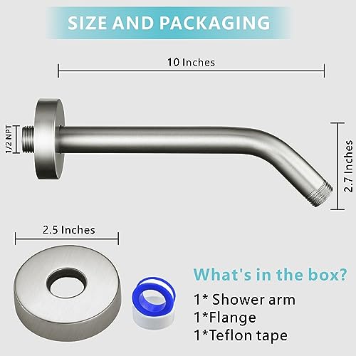 Shower Arm with Flange, 10 Inches Wall Mount Replacement Shower Head Arm For Fixed Shower Head and Handheld Showerhead, Brushed Nickel - color: Brushed Nickel, style: 10 Inch