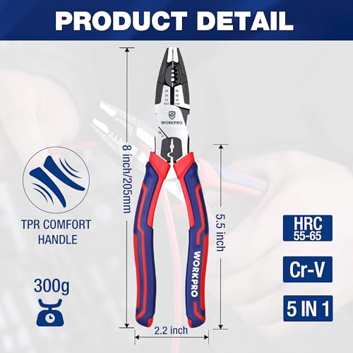 WORKPRO 6-in-1 Linesman Pliers with Wire Cutter and Stripper, 8 Inch