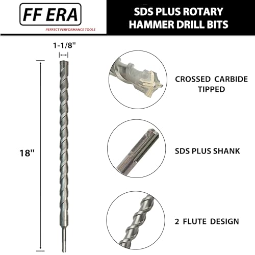 1-1/8 Inch x 18 Inch SDS Plus Rotary Hammer Drill Bit, Carbide Tipped for Brick, Stone, and Concrete (1-1/8" x 18") - size: 1-1/8" x 18"
