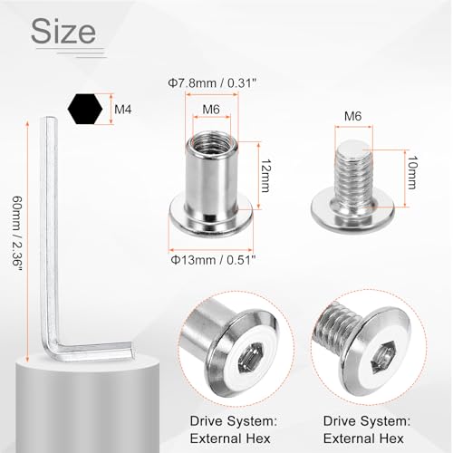 HARFINGTON 20 Set M6x10mm Hex Drive Socket Cap Bolt and M6x12mm Nut with M4 Hex Wrench, Furniture Connector Bolts and Screws for Furniture Countersunk Belt, Silver - size: M6x10mm, M6x12mm