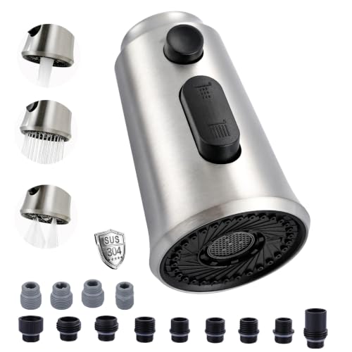 WOWOW Kitchen Faucet Head Replacement – 304 Stainless Steel 3-Mode Pull Down Spray Head with 13 Adapters, Compatible with Moen Delta Kohler American Standard, Easy DIY Install, Brushed Nickel - color: Brushed Nickel