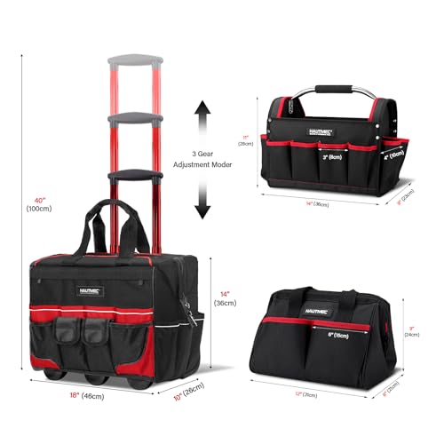 HAUTMEC 3-Piece Rolling Tool Bag Set - 18" Tool Bag with Wheels & Telescoping Handle, 15" Open Top Tool Tote & 12" Wide Mouth Small Bag, Heavy-Duty 1680D Water-Resistant Tool Storage - style: 3-Pcs Set | Red
