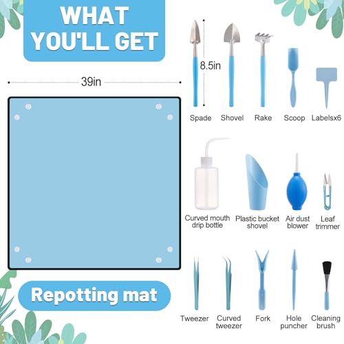 ANPHSIN 20pcs Small Gardening Tools Gifts for Women Beginners, Blue | Garden Hand Tools Set for Indoor Succulent Bonsai Plants Transplanting, Included 39" Plant Repotting Mat/Mini Shovel/Labels - color: Blue
