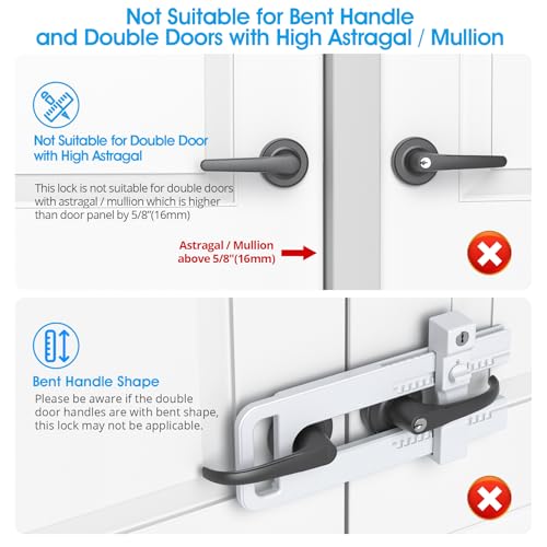 AST French Door Lock for Double Doors, Adjustable, 3 Brass Keys, Key Differ - style: Matte White with Keyed Differ