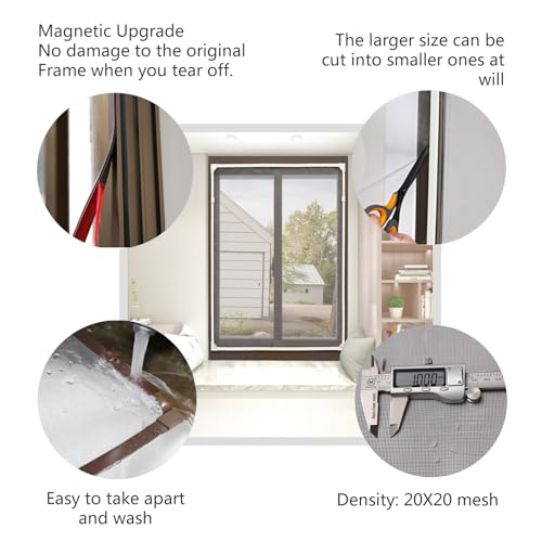 Magnetic Window Screen, Max 58 x 36 Inch DIY Cut-to-Fit Fiberglass Mesh Replacement Kit for House Windows, Strong Magnetic Seal, No-Drill Installation, White Frame with Gray Mesh - size: 58"x36"(147x91cm)
