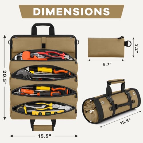 ANILD 15.5 Inch Extra Long Tool Bag Roll Up, Roll Up Tool Bag Organizer - color: Khaki, size: Large
