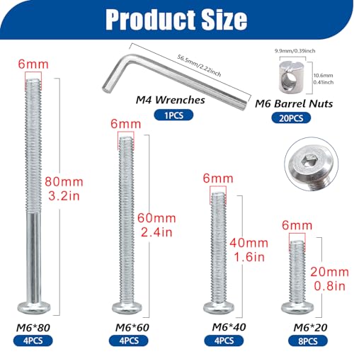 Taiss 20 Set Crib Screws M6x20mm/40mm/60mm/80mm Baby Bed Crib Screws Hardware Replacement Kit,Bunk Bed Bolts Hex Socket Cap Screws Bolt with Barrel Nuts/Wrenches for Beds Furniture Headboards - color: Silver
