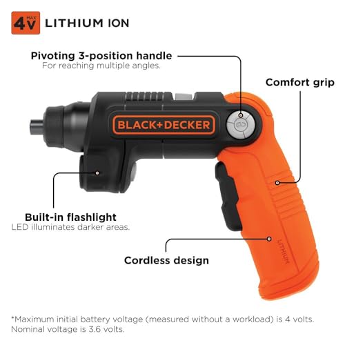 BLACK+DECKER Cordless Screwdriver with LED Light 4V MAX, Electric Screwdriver with 2 Pcs Bit Set (BDCSFL20C)